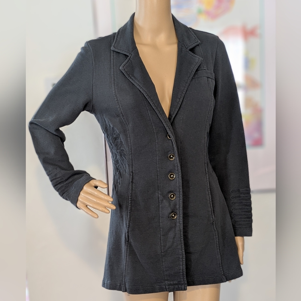 Gray Button-Up High-Low Jacket With Embroidered D… - image 1